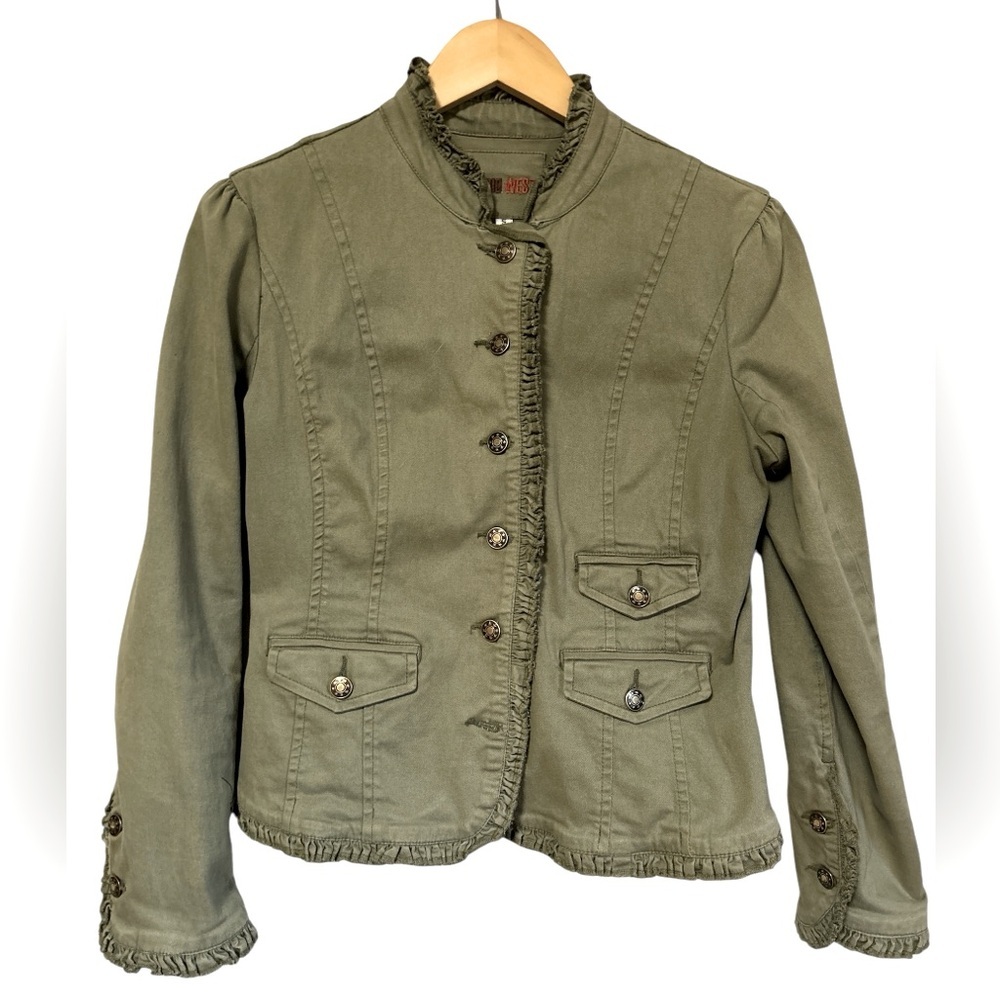 Studio West Olive Green Ruffle Trim Military Utility Jacket Star Buttons S